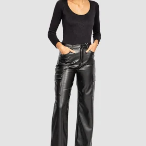 HELLO MISS Cargo Hose Coated Denim Leder Optik Stretch Pants Beschichtet In Schwarz 8