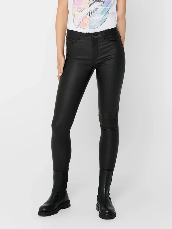 JACQUELINE DE YONG Skinny Jeans Leder Optik High Waist Stretch Coated Denim Pants In Schwarz 1